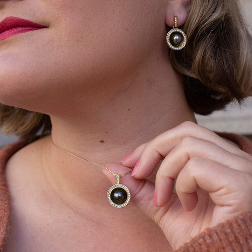 Reflections X 18ct Yellow Gold Tahitian Pearl and Diamond Drop Earrings Catherine Best Dev