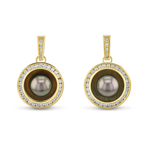 Reflections X 18ct Yellow Gold Tahitian Pearl and Diamond Drop Earrings Catherine Best Dev