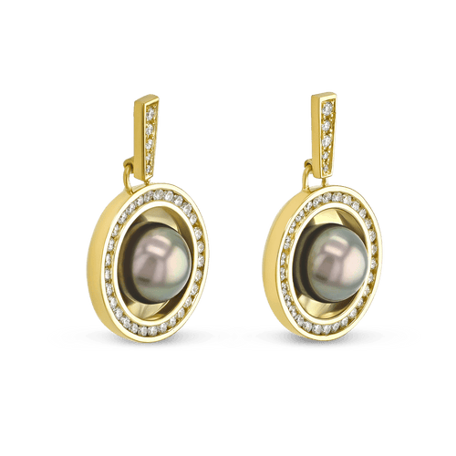 Reflections X 18ct Yellow Gold Tahitian Pearl and Diamond Drop Earrings Catherine Best Dev