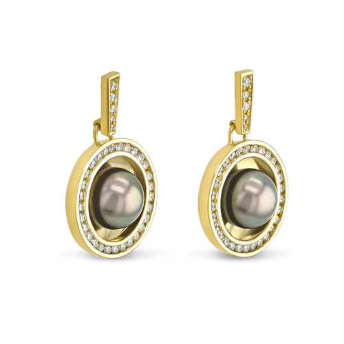 Reflections X 18ct Yellow Gold Tahitian Pearl and Diamond Drop Earrings Catherine Best Dev 